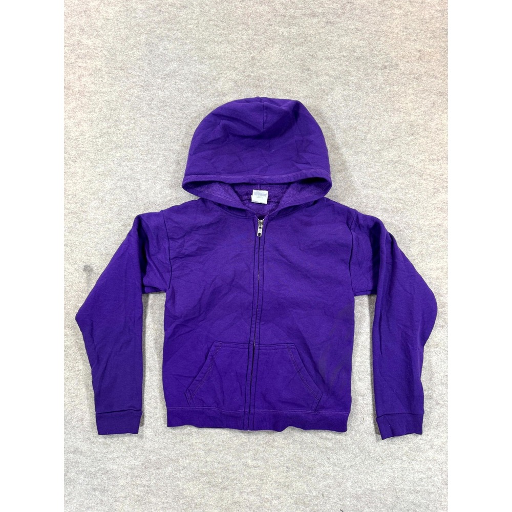 Hanes EcoSmart Hoodie Kids M (7-8) Purple Fleece Lined Cotton Pockets Full Zip